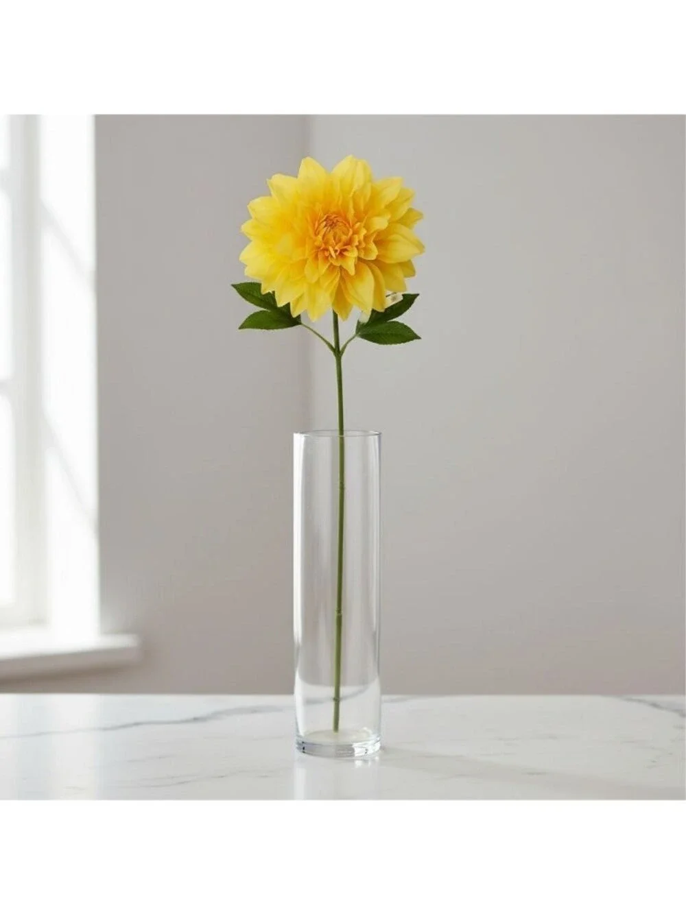 Yellow Dahlia Stem Faux Flower 24 Inch 5 Inch Bloom Bright Yellow Artificial